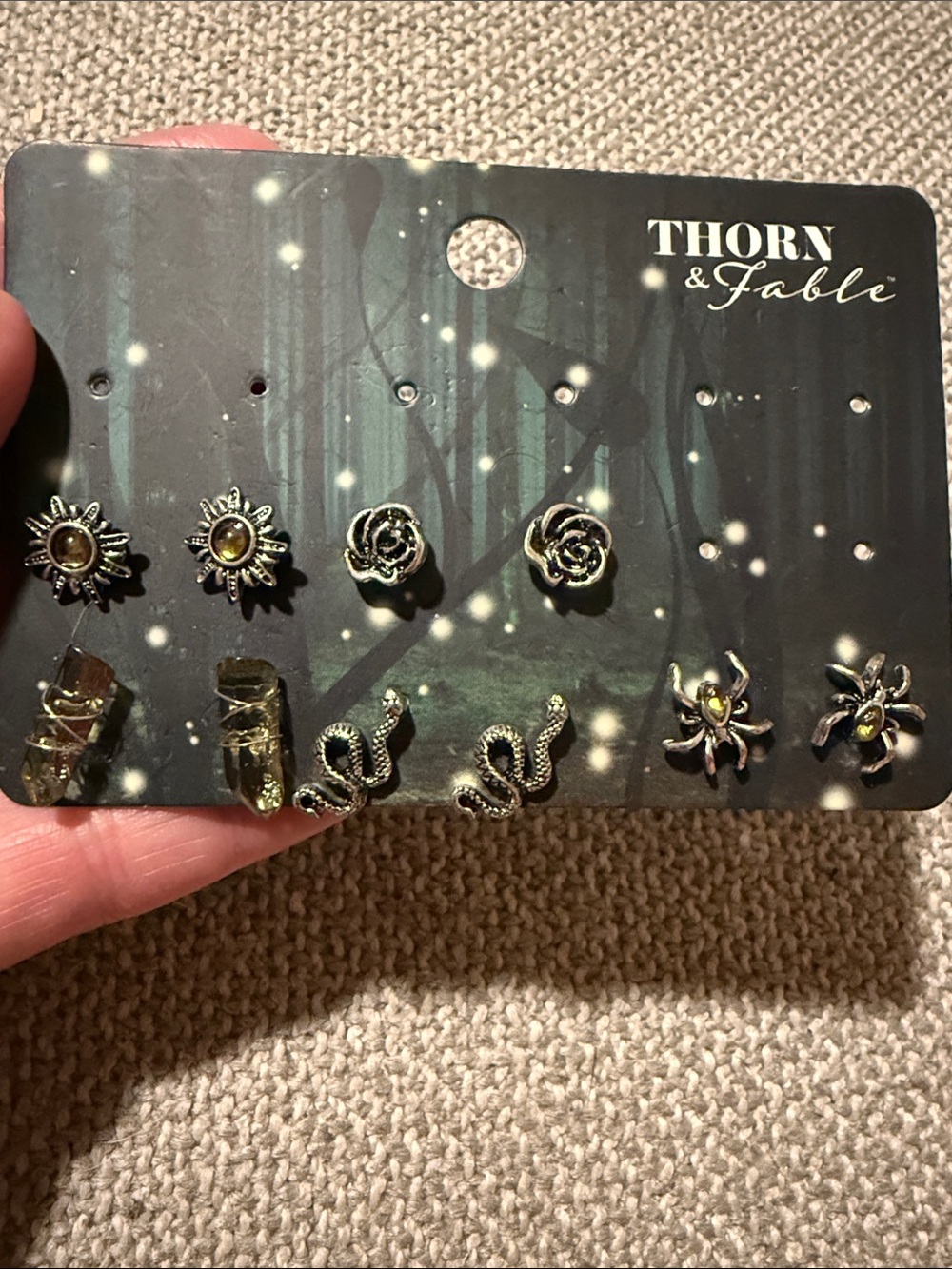 Thorn & Fable Silver Tone Earring Set with Olive Accents 5 pair